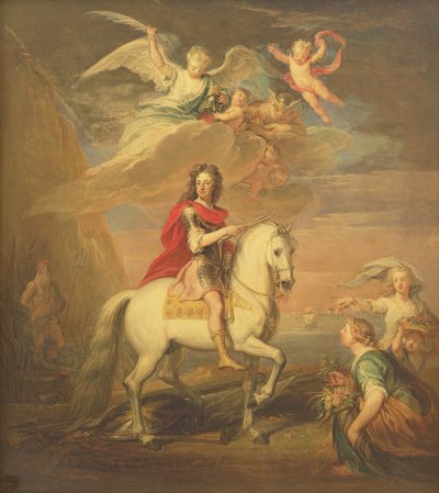 William III på en grå lader observert av Neptun, Ceres og Flora. Merkur på himmelen og Astrea av Godfrey Kneller