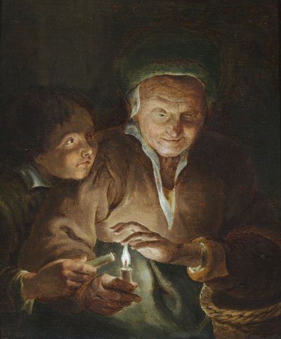 En gammel kvinne og en gutt med stearinlys i et interiør av Godfried (after) Schalken or Schalcken