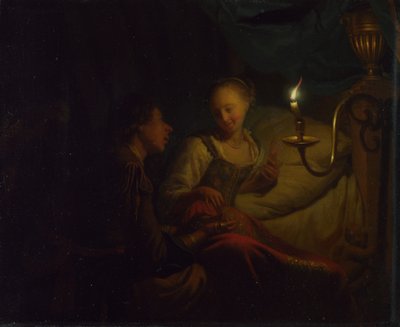 En scene med levende lys. En mann som tilbyr en gullkjede og mynter til en jente som sitter på en seng, ca. 1665-1667 av Godfried Cornelisz Schalcken