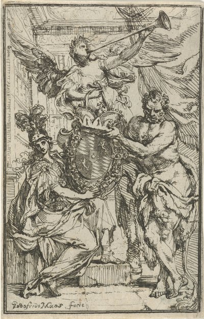 Minerva, Hercules og Fame med våpenskjold av Godfried Maes