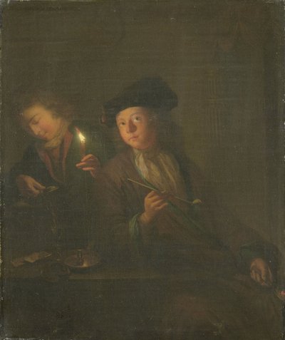 The Smoker (En mann med en pipe og en mann som skjenker en drikke i et glass) av Godfried Schalcken (attributed to)