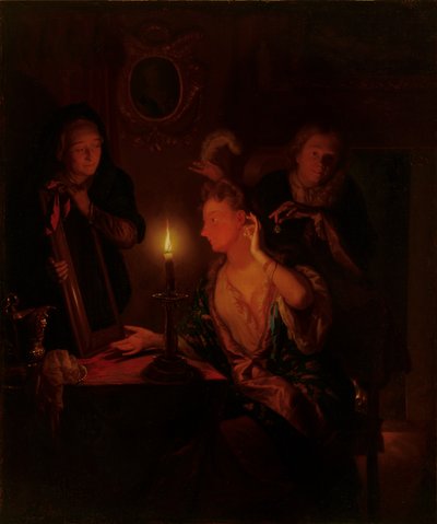 Lady at a Mirror av Candlelight av Godfried Schalcken