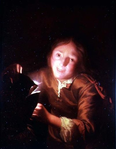 En ung gutt som holder et stearinlys bak en Halloween-maske av Godfried Schalcken