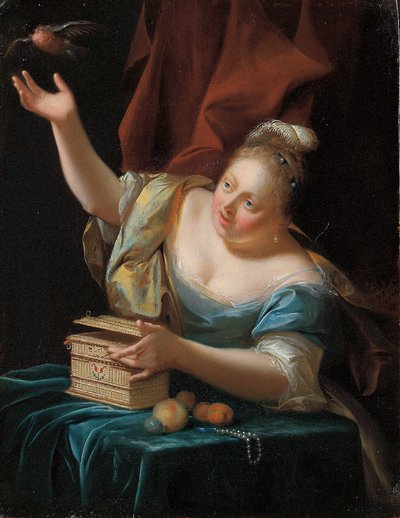 En kvinne som sitter ved et bord i fancy kostyme, befrir en sangfugl fra buret sitt av Godfried Schalcken