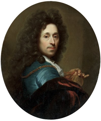 Portrett av kunstneren i en blå frakk og brun fløyelskappe, med en medaljong av kurfyrsten Pfalz, Johann Wilhelm av Godfried Schalcken