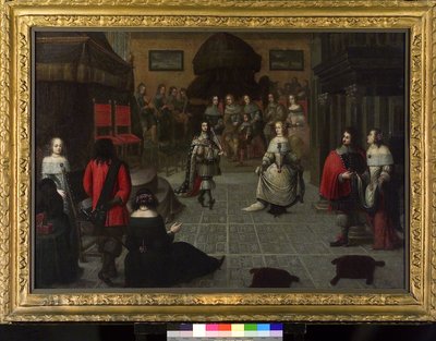 Karl II av England (1630–1685) danser i Haag (Nederland), mai 1660, sannsynligvis med sin niese Elizabeth van de Paltz (1616–1680), under seremonien som ble holdt for å gjenopprette hans tittel som konge av England. av Gonzales Coques
