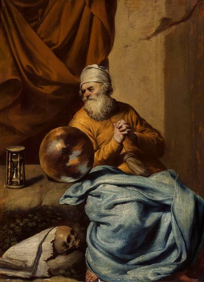 Gammel mann med en kule, et timeglass, en hodeskalle og bøker (Vanitas) av Gonzales Coques