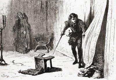 En scene fra William Shakespeares spiller Hamlet, Act III, Scene 4, Hamlet: Du elendige, utslett, inntrengende tosk, farvel! Jeg tok deg til det bedre, fra The Works of William Shakespeare, utgitt 189 av Gordon Frederick Browne