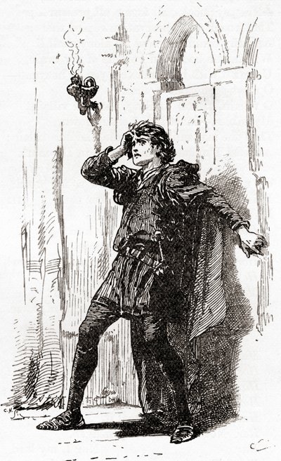 En scene fra William Shakespeares spiller Hamlet, Act I, Scene 5, Hamlet: Remember thee! Ja, du stakkars spøkelse, mens minnet holder plass i denne distraherte kloden, fra The Works of William Shakespeare, pu av Gordon Frederick Browne