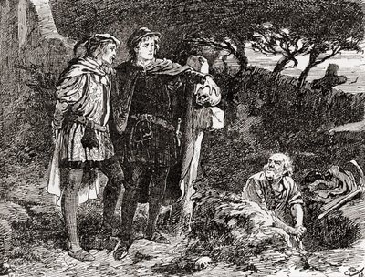 En scene fra William Shakespeares skuespill Hamlet, Act V, Scene 1, Hamlet: I know him, Horatio, en fyr med uendelig spøk, av mest utmerkede fancy, fra The Works of William Shakespeare, utgitt 1896 (f. av Gordon Frederick Browne