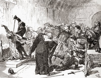 En scene fra William Shakespeares spiller Hamlet, Act V, Scene 2, Hamlet: The point envenomd too! Så, gift, til arbeidet ditt. (Stabs the king), fra The Works of William Shakespeare, utgitt 1896 (gravert av Gordon Frederick Browne
