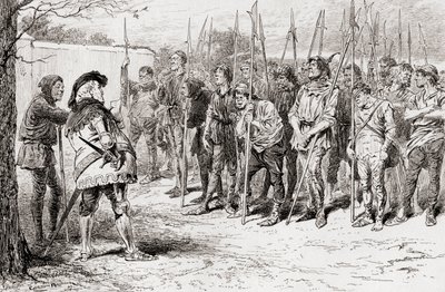 En scene fra William Shakespeares skuespill Kong Henry IV, del 1, akt IV, scene 2, Falstaffs fillete regiment, fra The Works of William Shakespeare, utgitt 1896 av Gordon Frederick Browne
