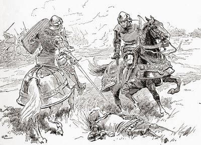 En scene fra William Shakespeares skuespill King Henry IV, Part 1, Act V, Scene 3, Earl of Douglas: Alls done, all won, here breathless lies the king, fra The Works of William Shakespeare, publisert 1896 av Gordon Frederick Browne