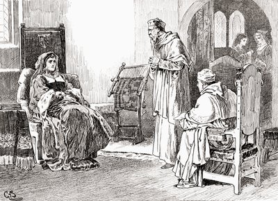 En scene fra William Shakespeares skuespill King Henry VIII, Act III, Scene 1, Queen Katherine: Gjør hva dere vil, mine herrer og be om tilgi meg, hvis jeg har brukt meg umannerlig, fra The Works of William Sha av Gordon Frederick Browne