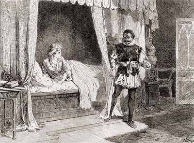 En scene fra William Shakespeares spiller Othello Act V, Scene 2, Desdemona: Talk you of killing? Othello: Ay I do, fra The Works of William Shakespeare, utgitt 1896 av Gordon Frederick Browne