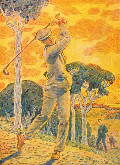 Golf, omslagsillustrasjon for Vie au Grand Air, 15. september 1919 (fargegravering) av Gordon Frederick Browne