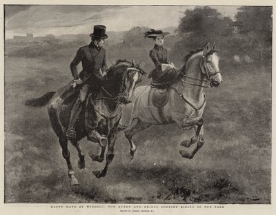 Glade dager i Windsor, dronningen og prinsgemalen sykler i parken av Gordon Frederick Browne