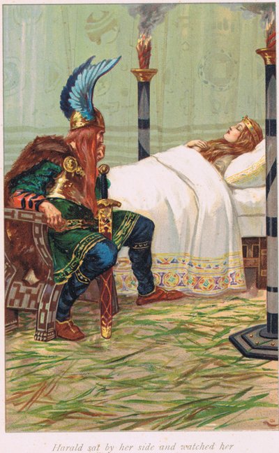 Harald satt ved siden av henne og så på henne, illustrasjon fra 