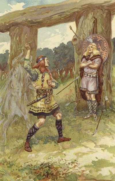Hodur tok mistelteinen fra Loke, og Loke ledet armen hans, og han kastet den mot Baldur, og med et skarpt skrik falt Baldur død (chromolitho) av Gordon Frederick Browne