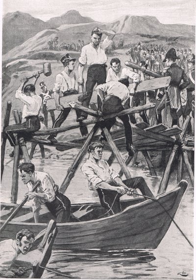 The Construction of the Bridge over Guadiana, 3. april 1811, illustrasjon fra 