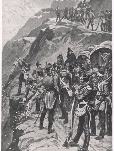 The Retreat to Corunna: Hurling the Silver down the Mountainside, illustrasjon fra 'British Battles on Land and Sea', utgitt av Cassell, London, ca. 1910 av Gordon Frederick Browne