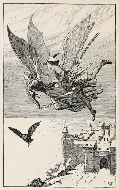 Reisefølget fløy bak henne, fra Fairy Tales from Hans Anderson, pub 1919 (gravering) av Gordon Frederick Browne