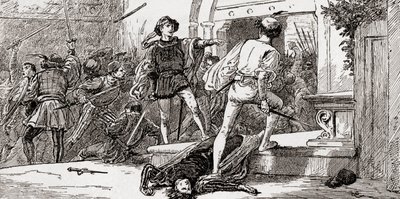 Tybalt drept av Romeo, scene fra William Shakespeares Romeo and Juliet, Act III, Scene 1, fra The Works of William Shakespeare, utgitt 1896 av Gordon Frederick Browne