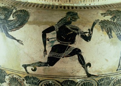 Perseus flykter fra Gorgonene, detalj fra en attisk dinos med svart figur, gresk, ca. 590 f.Kr. (keramikk) av Gorgon Painter