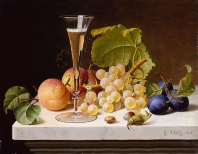 Druer, fersken, plommer, nøtter og et glass champagne på en marmorhylle av Gottfried Schultz