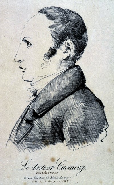 Portrett av Dr. Castaing, forgiftningsmann. Han brukte morfinsalt, hydroklorid for å drepe vennen Hippolyte Ballet i 1823. Den ble henrettet i Paris i 1824. Litografi av Engelmann fra en skisse laget i sesjonen 11. november. av Gottfried or Godefroy Engelmann