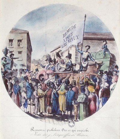 The Charlatan (farge litho) av Gottfried or Godefroy Engelmann