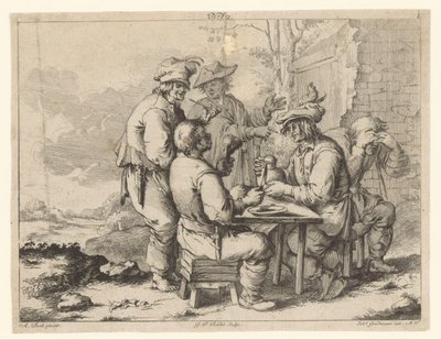 Fem bønder ved bordet i friluft Landlig kos (serietittel) av Gottlieb Friedrich Riedel