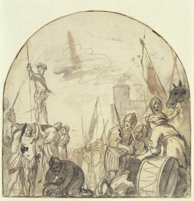 Brinio blir hevet på skjoldet sitt av krigerne (penn og pensel og blekk over blyant på papir) av Govaert Flinck
