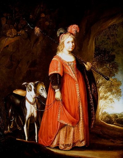 Portrett av en ung jente som Diana, i en lysning med to greyhounds av Govaert Flinck