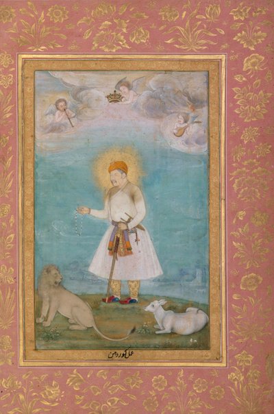 Akbar med løve og kalv, ca.1630 av Govardhan