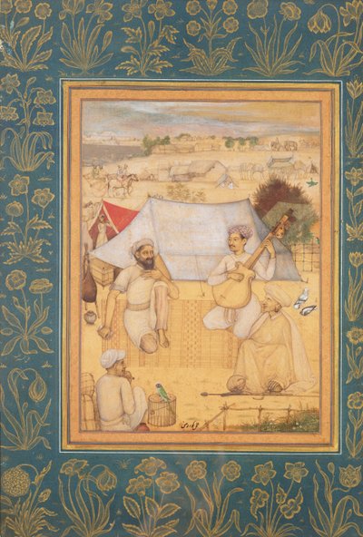 Musikere og sangere kneler i utkanten av en Mughal Camp. En yogi og en tjener Hør på dem, fra Minto-albumet, ca. 1630 av Govardhan
