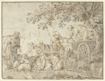 Bønder og storfe ved en gårdsvogn av Govert Dircksz. Camphuysen (possibly)