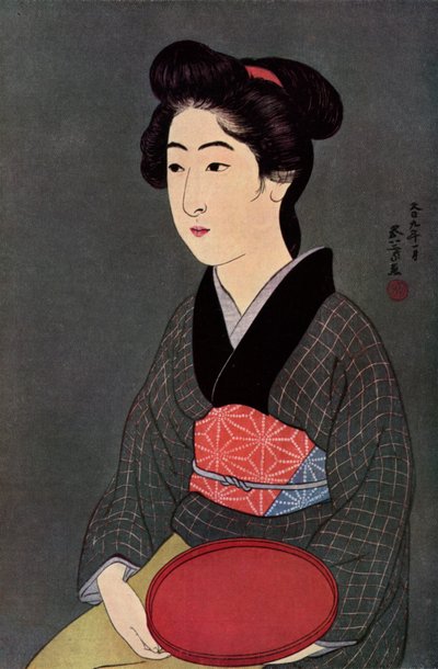 En japansk servitør med et brett, 1920 1930. av Goyo Hashiguchi