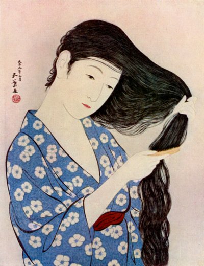 En japansk kvinne som grer håret, 1920 1930. av Goyo Hashiguchi