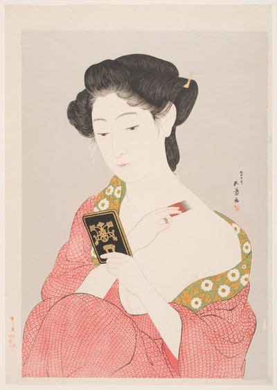 A Woman in Nagajuban Powdering her Neck (farget treblokktrykk på sølvglimmergrunn) av Goyo Hashiguchi