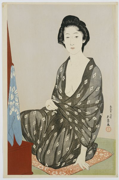 En skjønnhet i en svart kimono med hvite hanabishi-mønstre, sittende foran et speil, 1920 av Goyo Hashiguchi