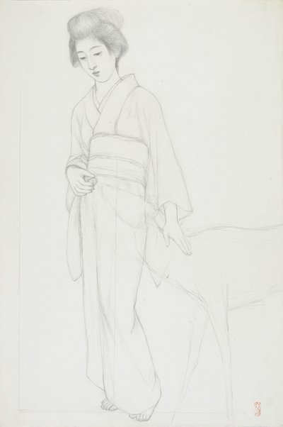 Drawing of Woman Stroking a Deer av Goyo Hashiguchi