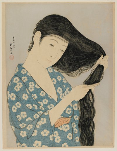 Woman Combing Her Hair, Taisho-æra, mars 1920 (farget treblokktrykk) av Goyo Hashiguchi
