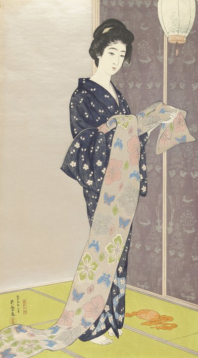 Ung kvinne i en sommerkimono, 1920 (fargetresnitt) av Goyo Hashiguchi