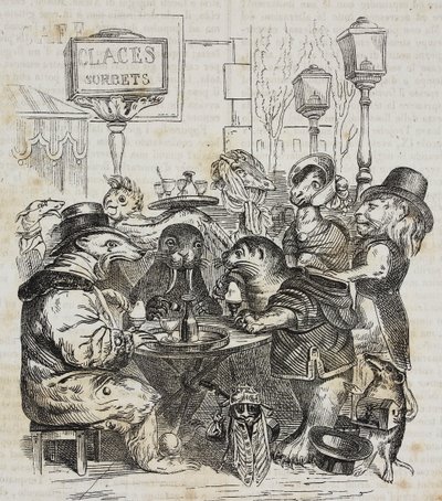 Dyr som sitter i iskrembutikk, litografi av Giovanni Mariani etter karikatur av Jean-Jacques Grandville (1803-1847) fra Poliorama Pittoresco, n 24, 21. januar av Grandville