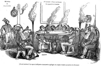 Cartoon of Grandville depicting a corporal and his men in the Salle des Barbes sitting with a steam machine shaving them without the help of a barber. In “” The picturesque store”” 1835 av Grandville