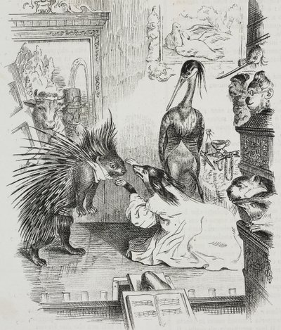 Hund og piggsvin, karikatur av Jean-Jacques Grandville (1803-1847), litografi av Giovanni Mariani fra Poliorama Pittoresco, n 38, 30. april av Grandville