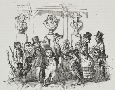 Utgang fra teater, karikatur av Jean-Jacques Grandville (1803-1847), litografi av Giovanni Mariani fra Poliorama Pittoresco, n 39, 7. mai av Grandville