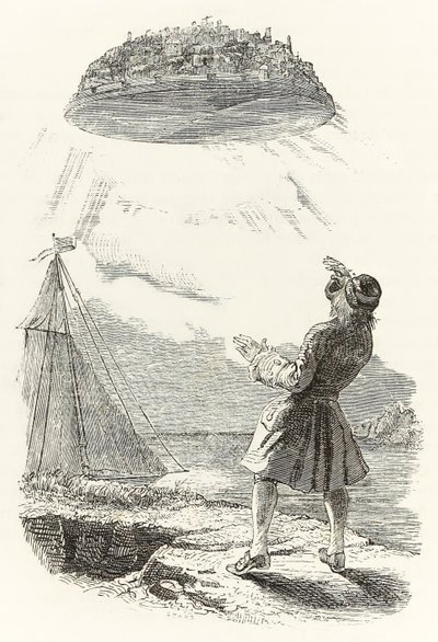Gulliver ser den flygende øya Laputa for første gang, fra "Gulliver