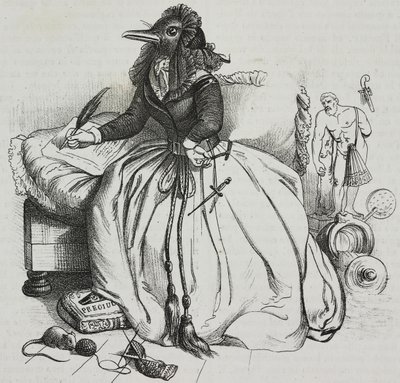 Litterær kvinne, karikatur av Jean-Jacques Grandville (1803-1847), litografi av Giovanni Mariani fra Poliorama Pittoresco, n 18, 11 desember av Grandville